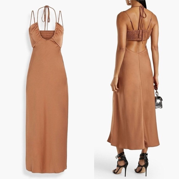 A.L.C. Sienna Cut Out Shirred Satin Midi Dress in Rawhide Brown Size:6 - Picture 14 of 14